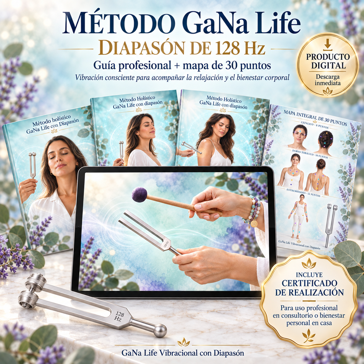 Método GaNa Life con Diapasón 128 Hz — Guía Profesional + Mapas de 30 Puntos