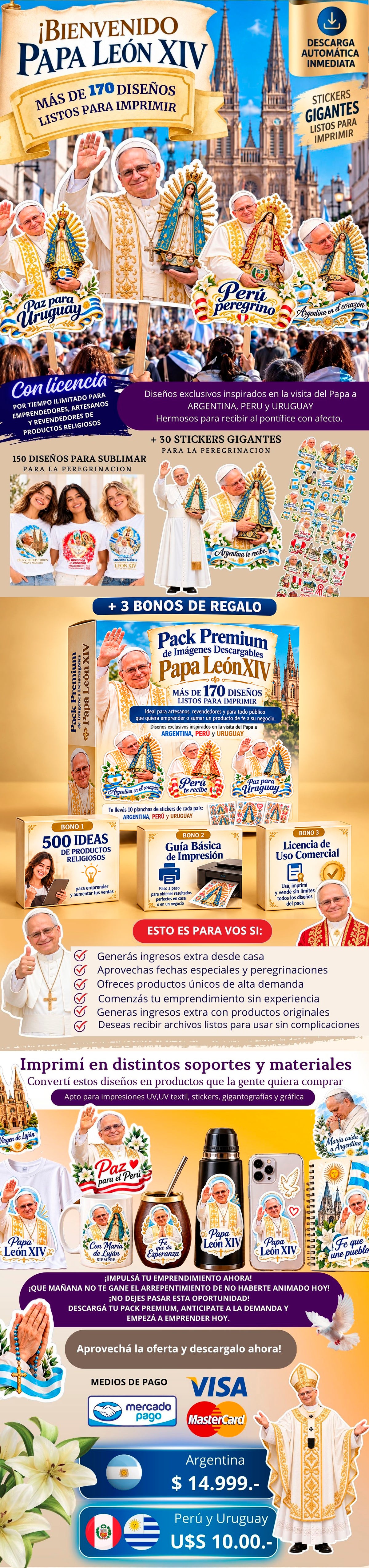 PACK de stickers digitales. DESCARGABLE DEL PAPA LEON XIV ARGENTINA - PERÚ - URUGUAY
